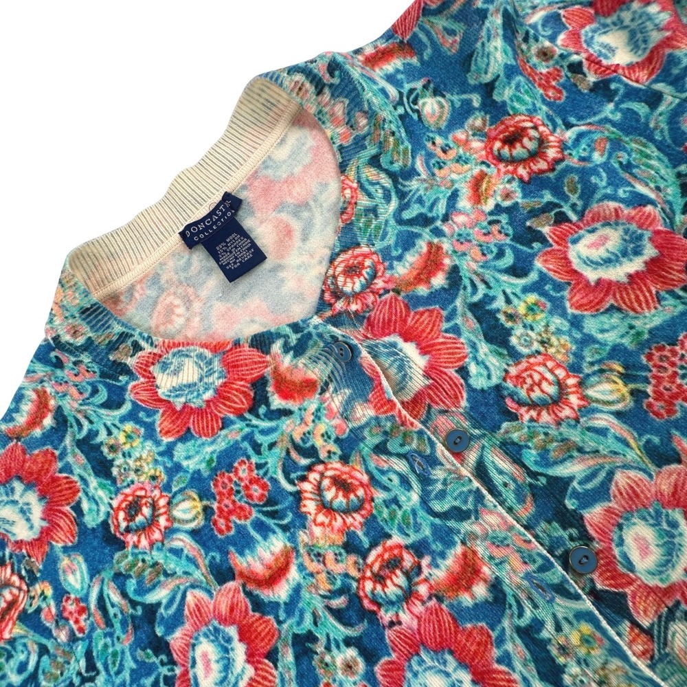 Doncaster Womens XL Cardigan Blue Floral Wool Blend Button Up Sweater